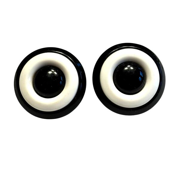 Pierced earrings retro black & white circles monochrome rounds vintage 1980s - Picture 2 of 6